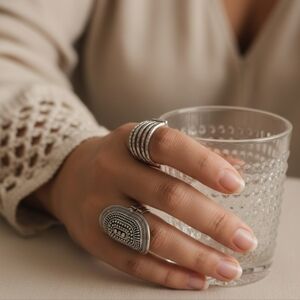 Set/ 2 Boho Luxe Silver Tone Stretch Statement Rings Textured Dome, Cage Band